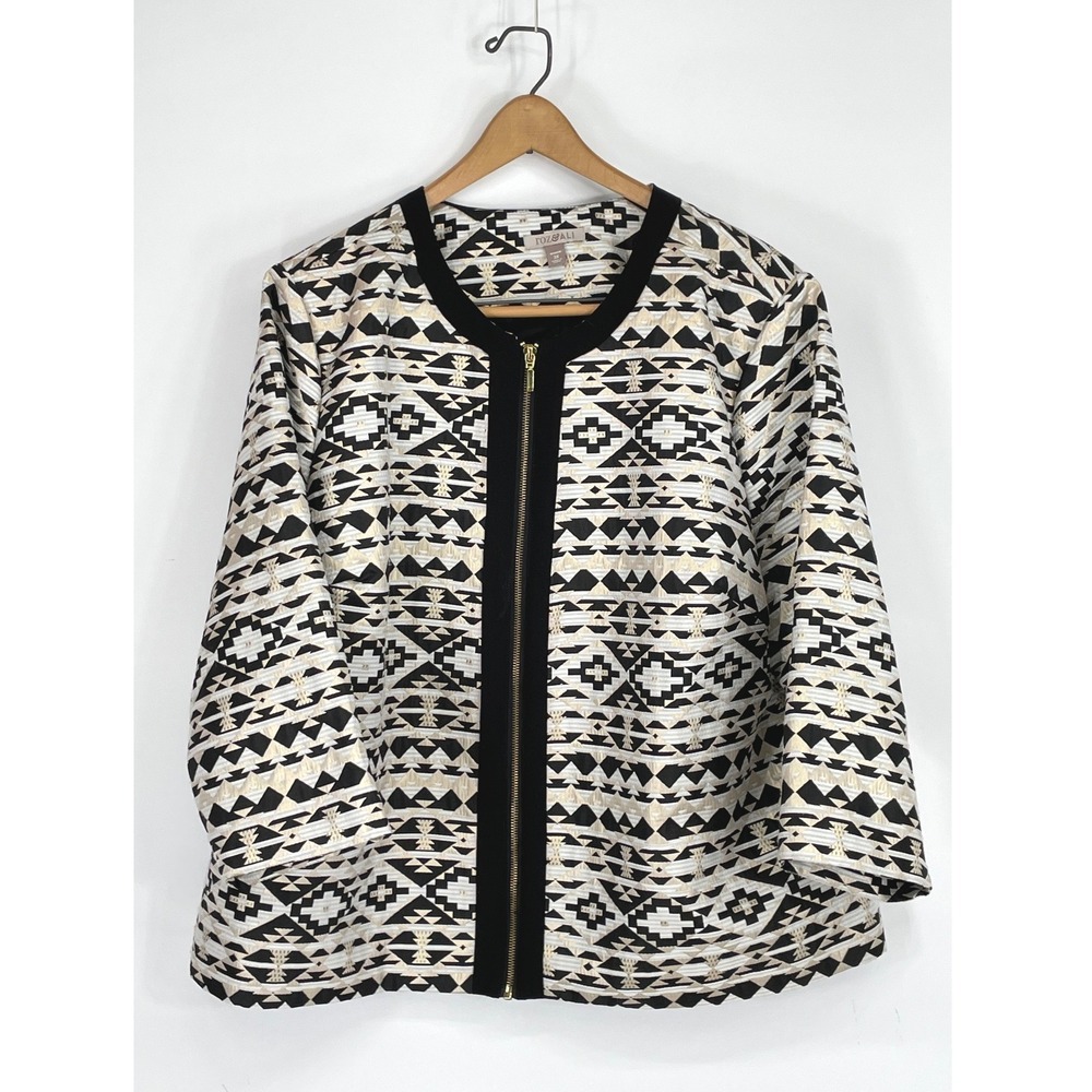 Roz & Ali Woman Jacket 3X Zip Front Black Gold Geometric Jacquard
